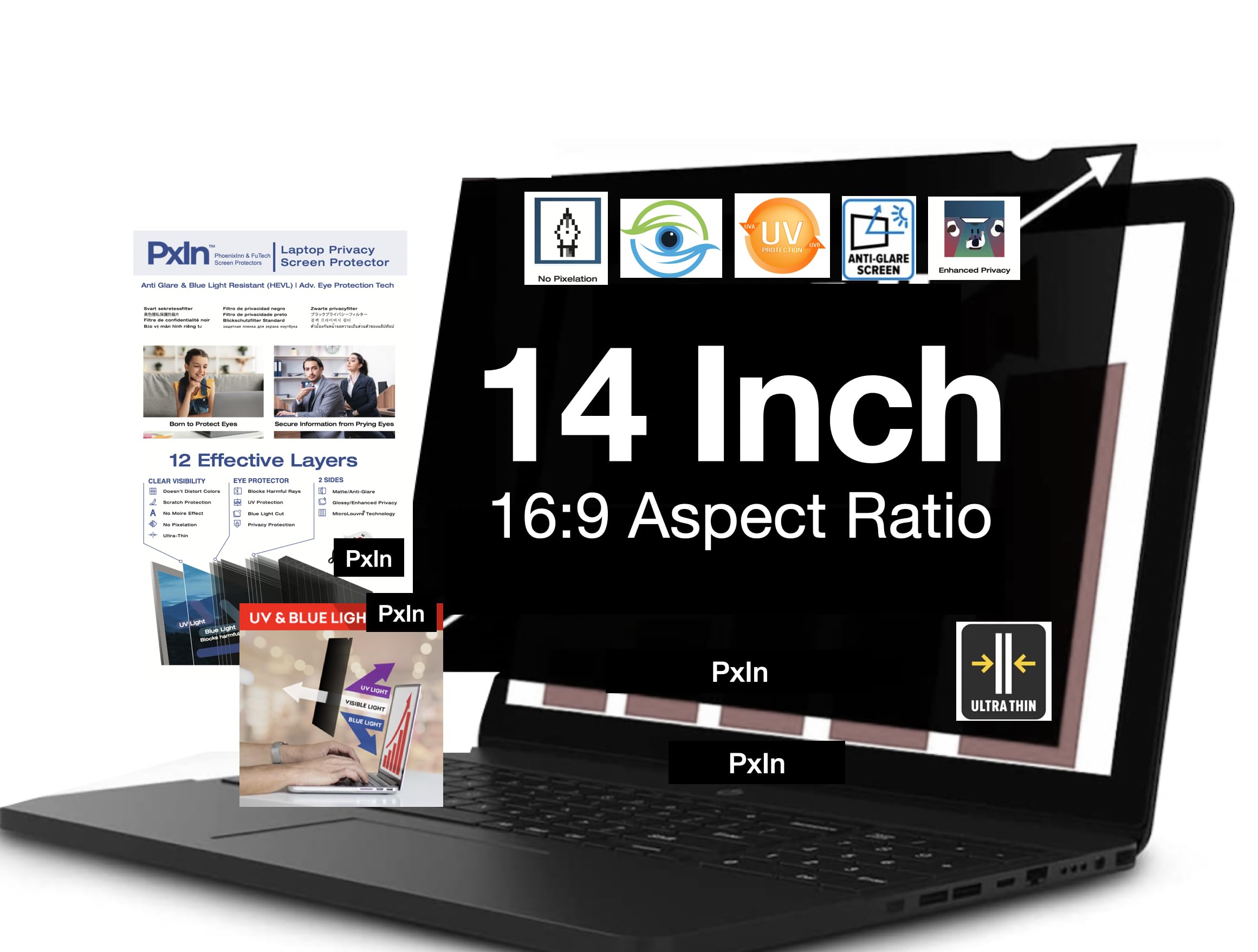 PxIn 14 Inch Privacy Screen Filter - No Eye Strain | Anti Blue 